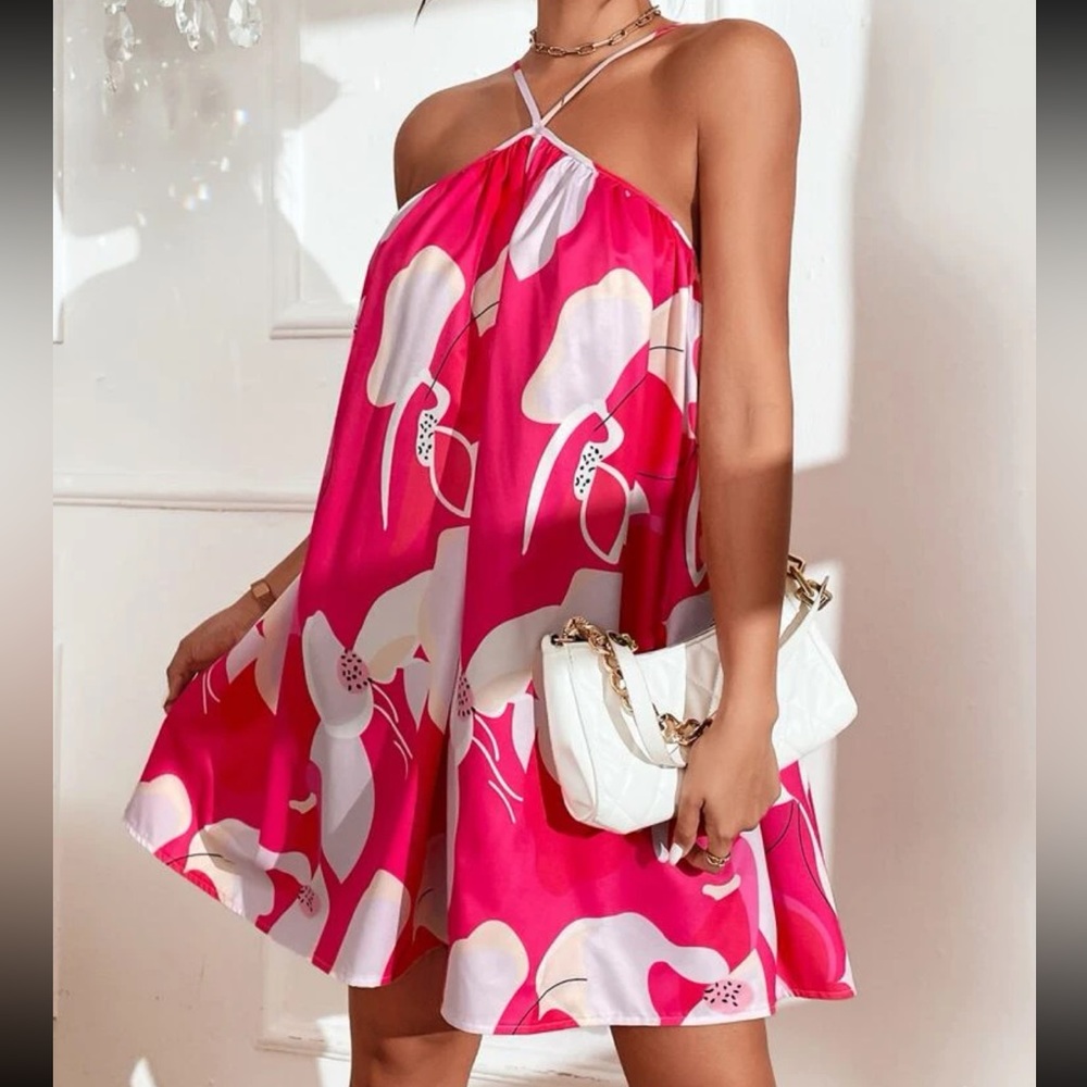 Boho Abstract Print Halter Dress Hot Pink - Picture 4 of 16